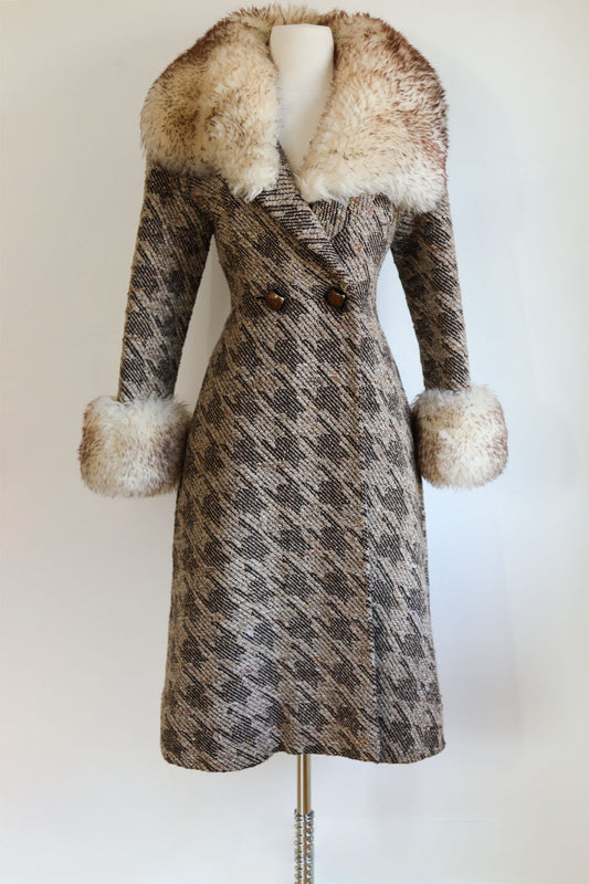Vintage 1960s Shearling Fur Princess Coat - Superb! Nubby Tweed Wool Extra Lavish Coat Size S to M