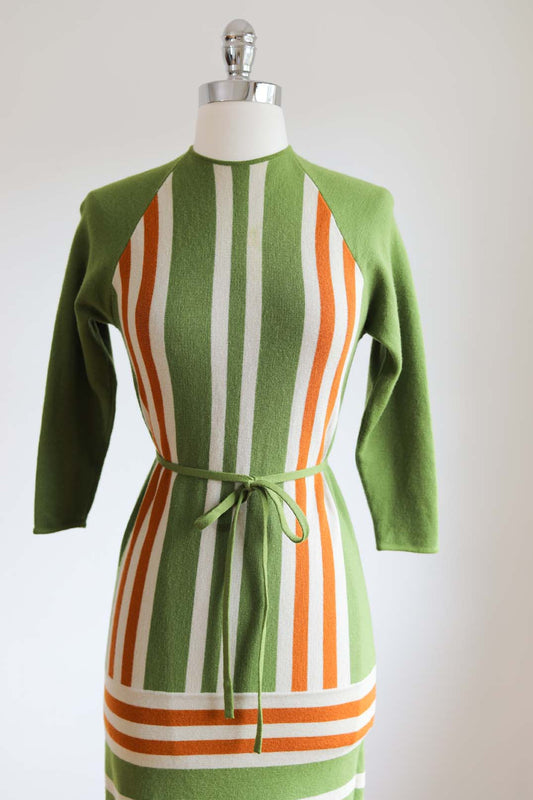 Vintage 1960s Knitwear Dress - CADILLAC Olive Cream Orange ITALIAN Wool Knit Curve-Hugger w Belt Size XS S M