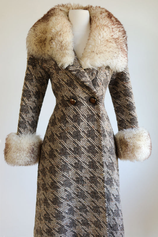 Vintage 1960s Shearling Fur Princess Coat - Superb! Nubby Tweed Wool Extra Lavish Coat Size S to M