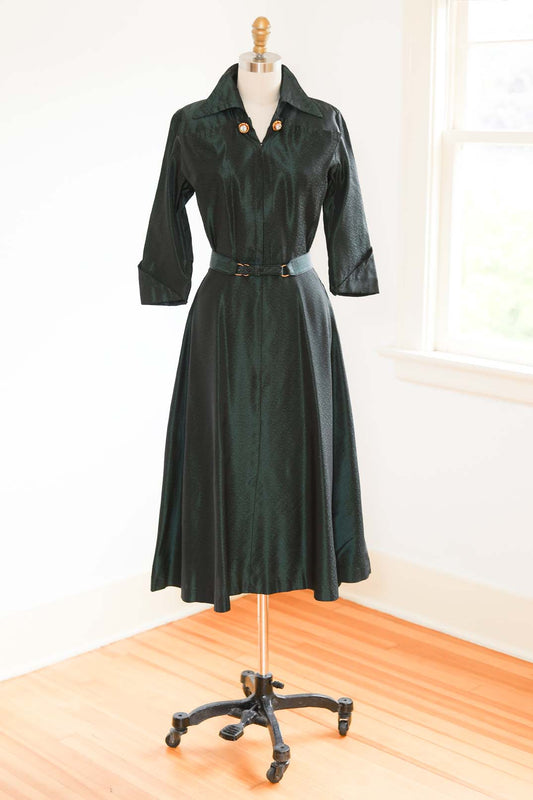 Vintage 1940s Documented Designer Dress - GORGEOUS Kay Collier Teal Emerald Sharkskin w Rhinestones + Boob Pockets Size XS to S