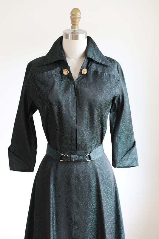 Vintage 1940s Documented Designer Dress - GORGEOUS Kay Collier Teal Emerald Sharkskin w Rhinestones + Boob Pockets Size XS to S