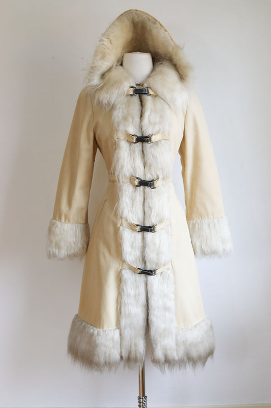 Documented Vintage 1972 Coat - HOODED American Bazaar 1970s Canvas + Faux Fur Princess Coat Size S to M