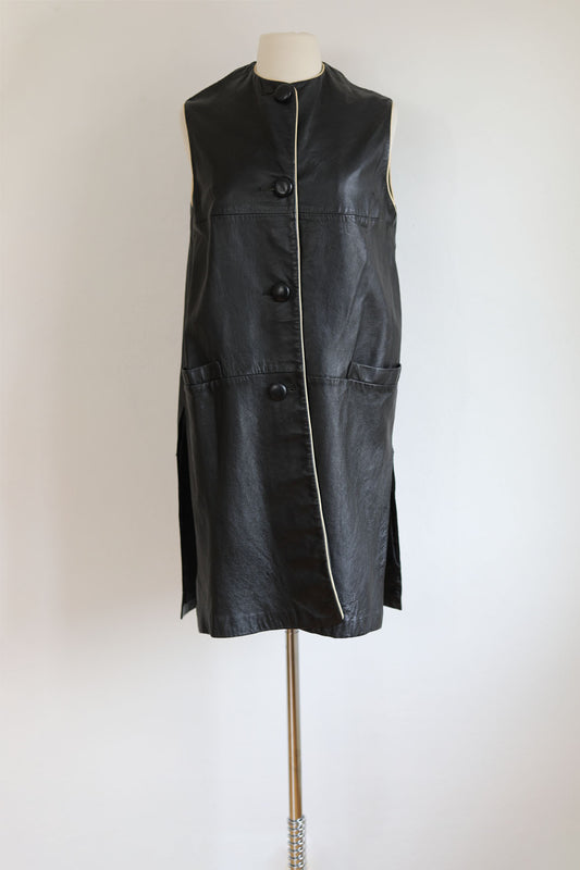Vintage 1960s Leather Dress - Mod Black Ivory Lady Californian Sheath w Pockets Size M
