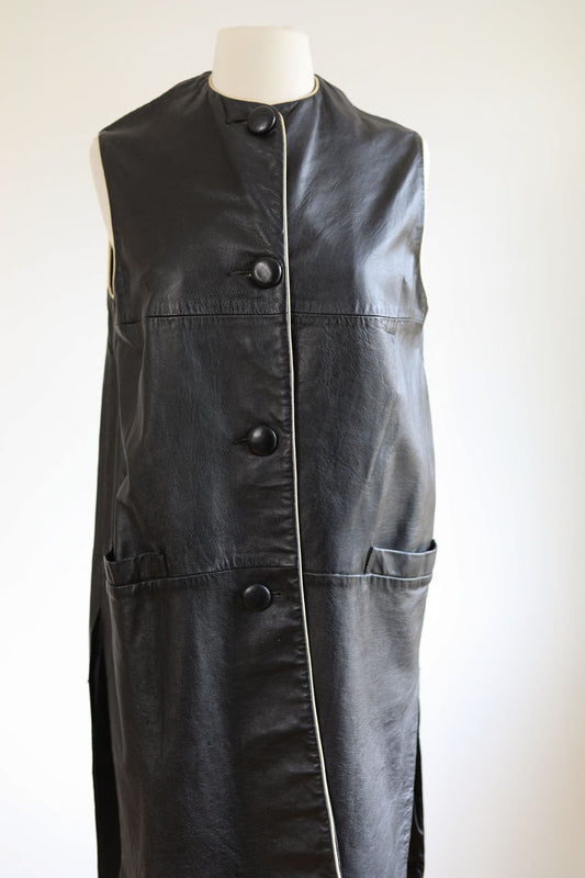 Vintage 1960s Leather Dress - Mod Black Ivory Lady Californian Sheath w Pockets Size M