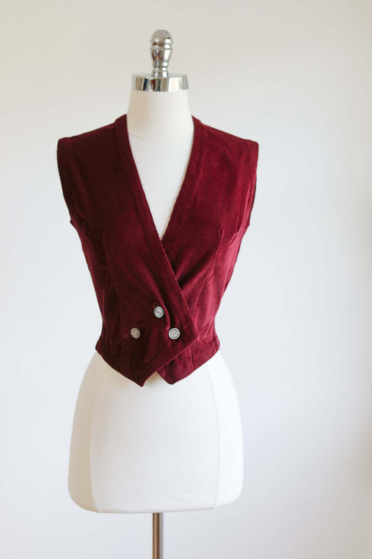 Vintage 1950s BUFFALO GALS Vest - Maroon Corduroy w Wool Letter Drum Majorette? Waistcoat Size XS - S