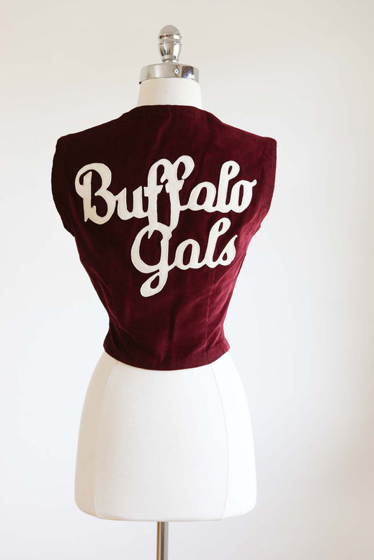 Vintage 1950s BUFFALO GALS Vest - Maroon Corduroy w Wool Letter Drum Majorette? Waistcoat Size XS - S