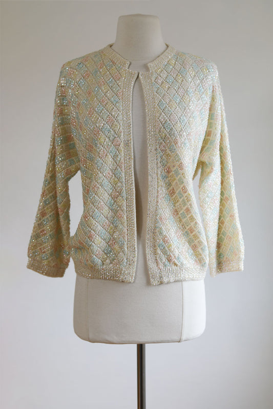 Vintage 1950s Beaded Sweater - Lambswool or Cashmere Icy Pastel Aurora Borealis Bead Sequin Cardigan Jacket Size M to XL