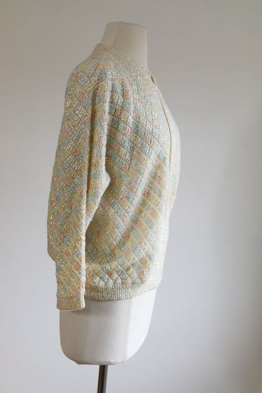 Vintage 1950s Beaded Sweater - Lambswool or Cashmere Icy Pastel Aurora Borealis Bead Sequin Cardigan Jacket Size M to XL