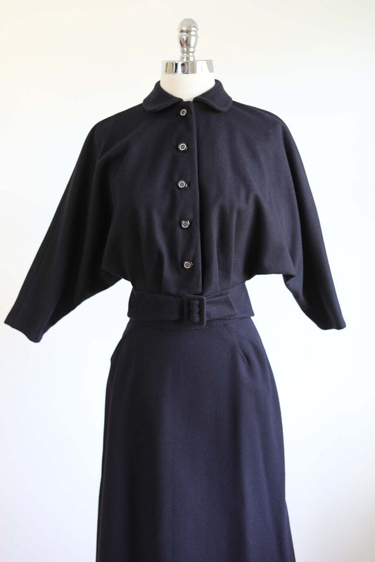 Vintage 1950s Wool Batwing Suit - DEEP INK BLUE Sporty Jacket w Buckle Waist + Ideal Pencil Skirt Size XS - S