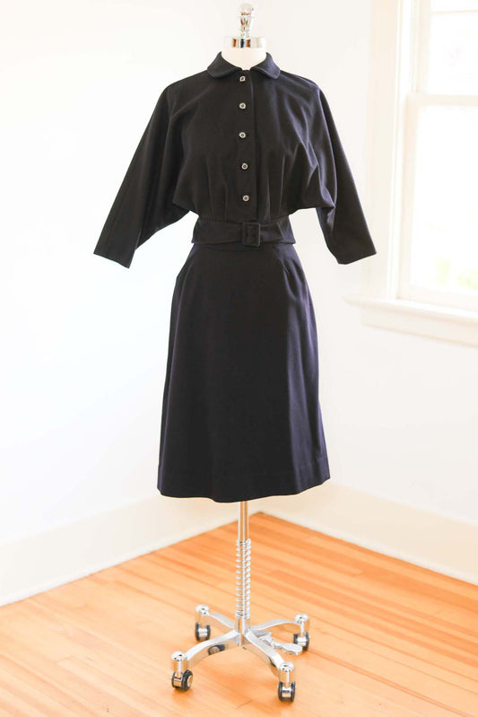 Vintage 1950s Wool Batwing Suit - DEEP INK BLUE Sporty Jacket w Buckle Waist + Ideal Pencil Skirt Size XS - S