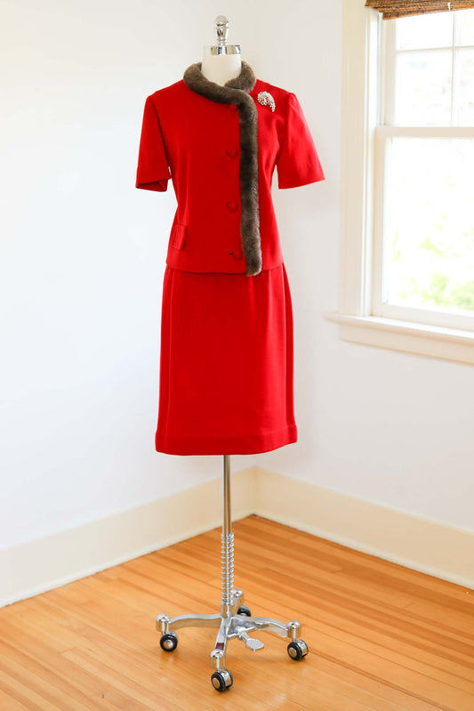 Vintage 1960s Wool Jersey Suit - LADIES WHO LUNCH Scarlet Red w Cozy Mouton Collar Jacket + Skirt Size L to XL