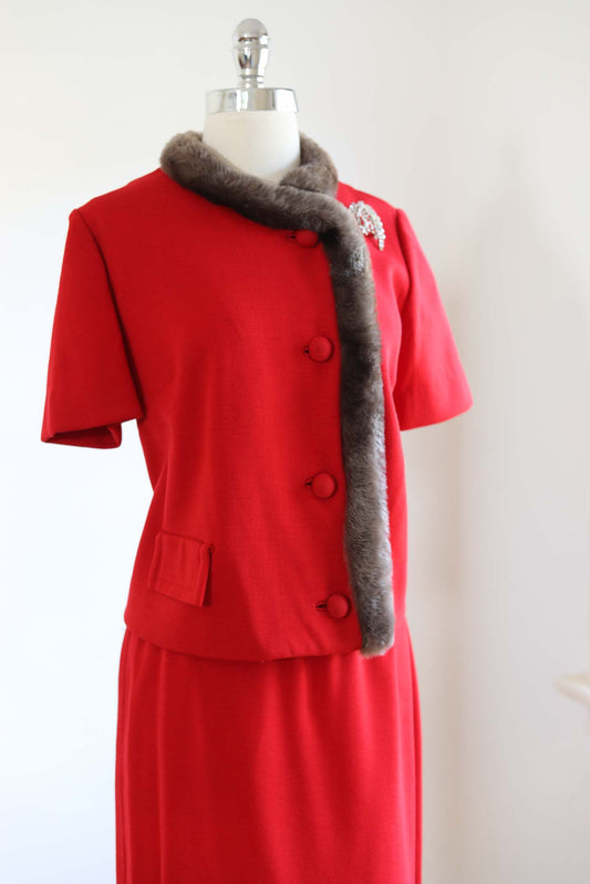 Vintage 1960s Wool Jersey Suit - LADIES WHO LUNCH Scarlet Red w Cozy Mouton Collar Jacket + Skirt Size L to XL