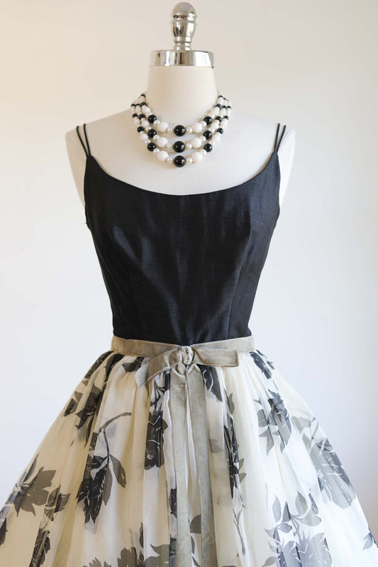 Vintage 1950s Party Dress - REAR WINDOW Style Silk Black White Rose Print Princess Designer Sundress Size S