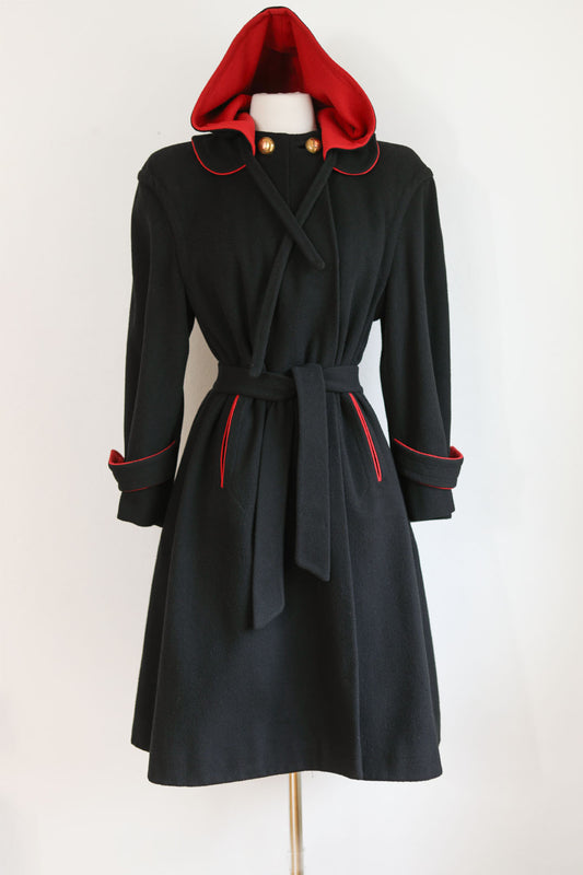 Vintage 1940s Hooded Princess Coat - Femme Fatale! Black Widow Spider Deco Wool Overcoat w Matching Hood Size S to M