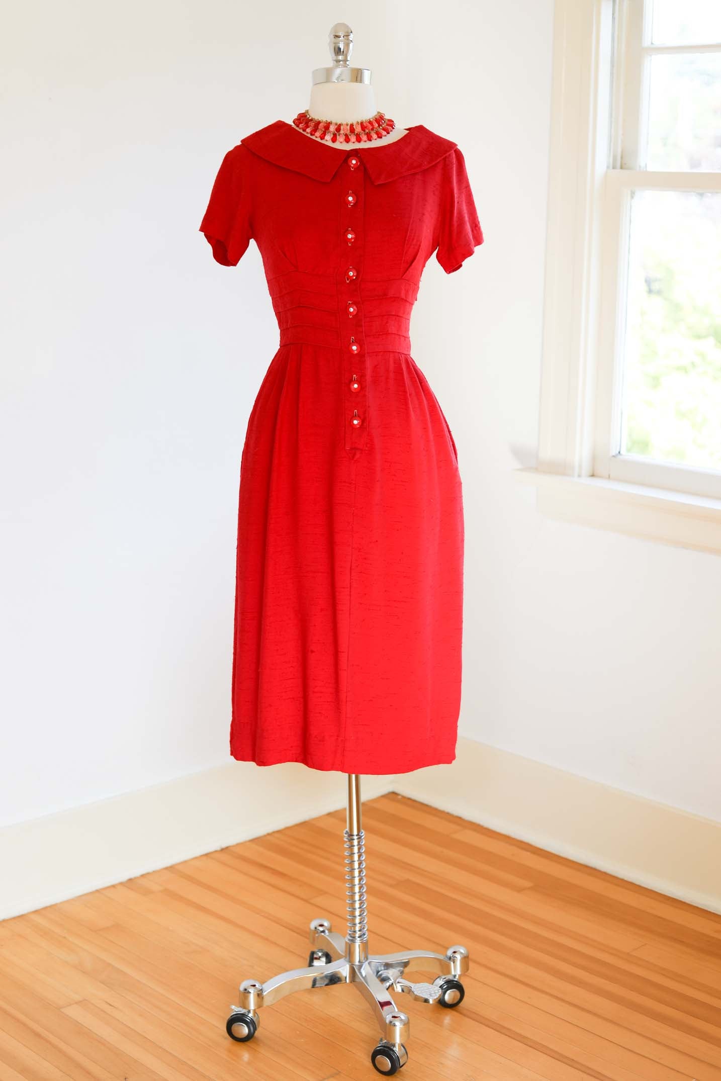 Vintage 1950s Shirtwaist Dress - LIPSTICK RED Slubbed Wiggle Cocktail w Rhinestones + Pockets Size S