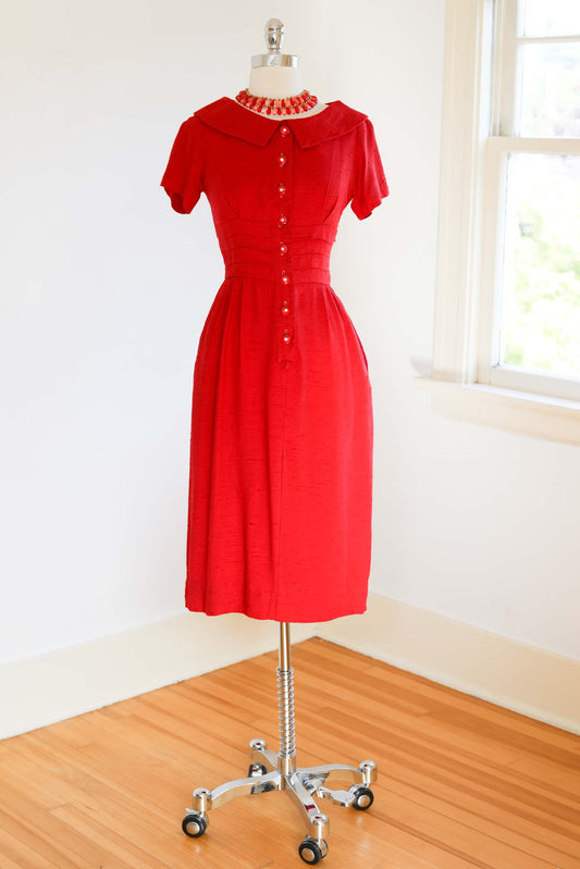 Vintage 1950s Shirtwaist Dress - LIPSTICK RED Slubbed Wiggle Cocktail w Rhinestones + Pockets Size S