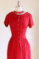 Vintage 1950s Shirtwaist Dress - LIPSTICK RED Slubbed Wiggle Cocktail w Rhinestones + Pockets Size S