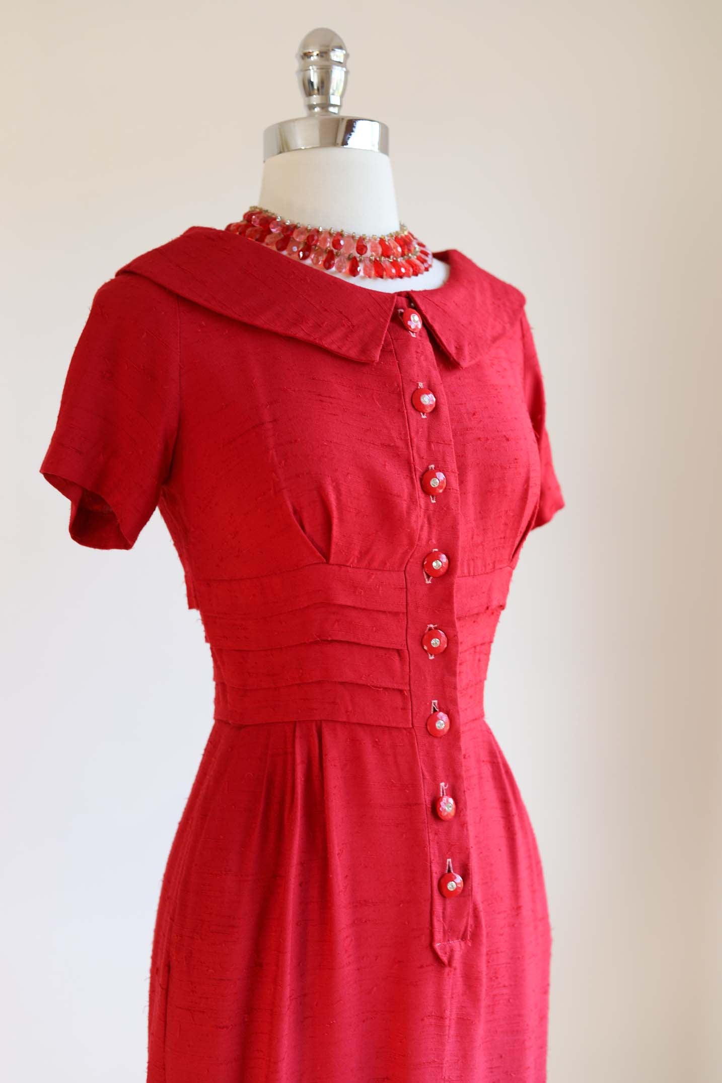 Vintage 1950s Shirtwaist Dress - LIPSTICK RED Slubbed Wiggle Cocktail w Rhinestones + Pockets Size S