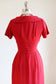 Vintage 1950s Shirtwaist Dress - LIPSTICK RED Slubbed Wiggle Cocktail w Rhinestones + Pockets Size S