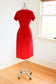 Vintage 1950s Shirtwaist Dress - LIPSTICK RED Slubbed Wiggle Cocktail w Rhinestones + Pockets Size S