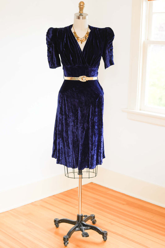 Vintage 1930s Blue Velvet Dress - GLOWING Cobalt w Puff Coffin-Draped Sleeves Size S - M