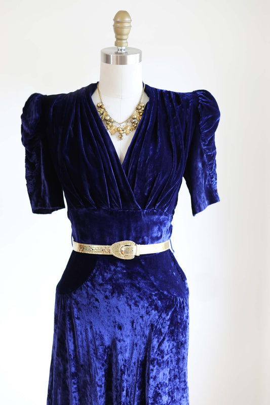 Vintage 1930s Blue Velvet Dress - GLOWING Cobalt w Puff Coffin-Draped Sleeves Size S - M