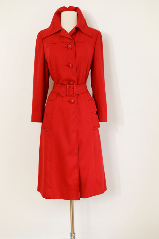 Vintage 1970s does 1940s All-Weather Coat - Noir Babe Scarlet Red Gabardine w Stabby Details Throughout! Size S to M