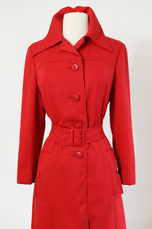 Vintage 1970s does 1940s All-Weather Coat - Noir Babe Scarlet Red Gabardine w Stabby Details Throughout! Size S to M