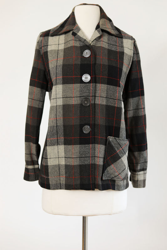 Vintage 1950s 49er Variant Jacket - Black + Red Plaid Wool Chore Shirt-Jac Size M to L