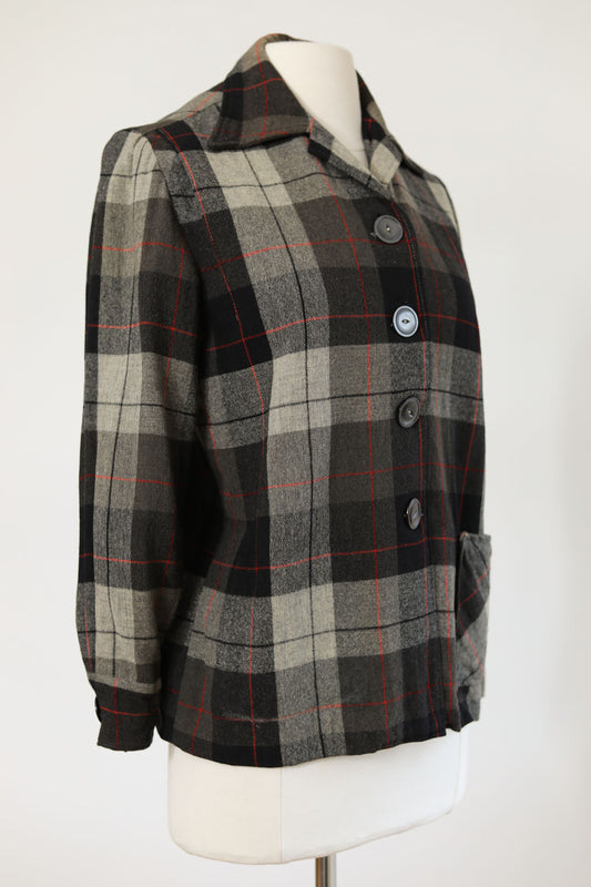 Vintage 1950s 49er Variant Jacket - Black + Red Plaid Wool Chore Shirt-Jac Size M to L