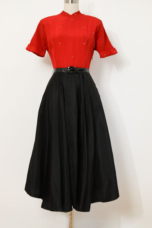 Vintage Late 1940s Dress - Lipstick Red + Black Seersucker Taffeta Swing Dress w Rhinestones Size S