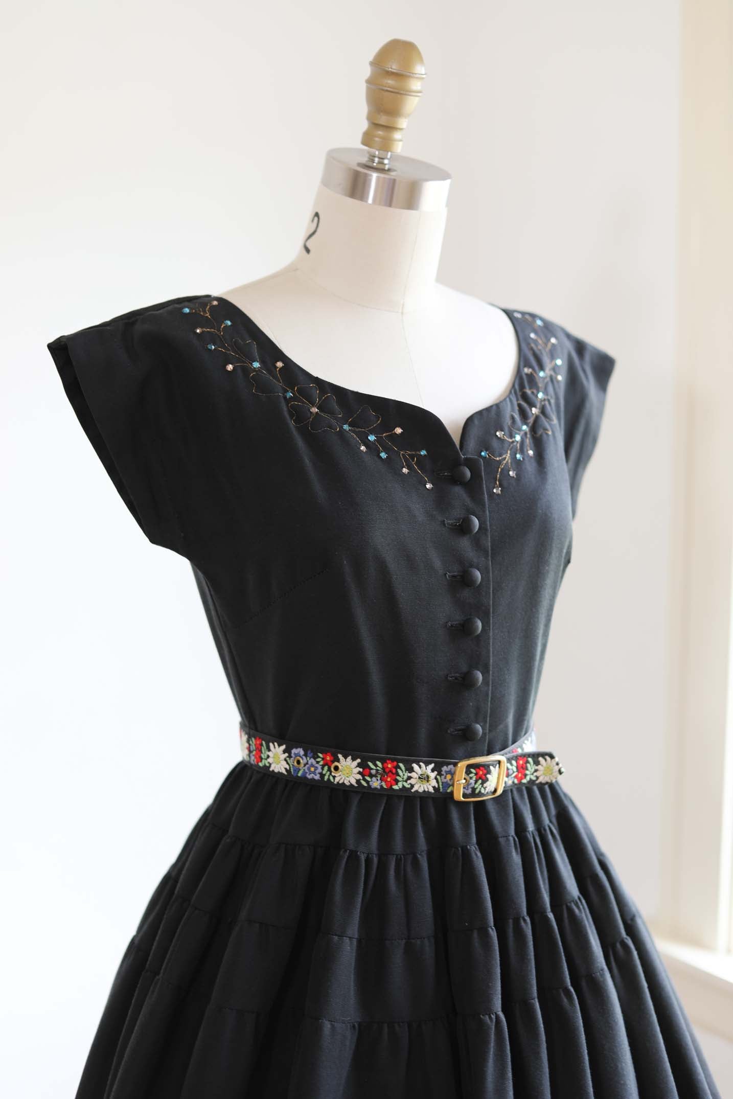 Vintage 1950s Shirtwaist Dress - LUCKY CLOVER Black Vicky Vaughn Party Dress w Gilt Embroidery + Rhinestones Size XS to S