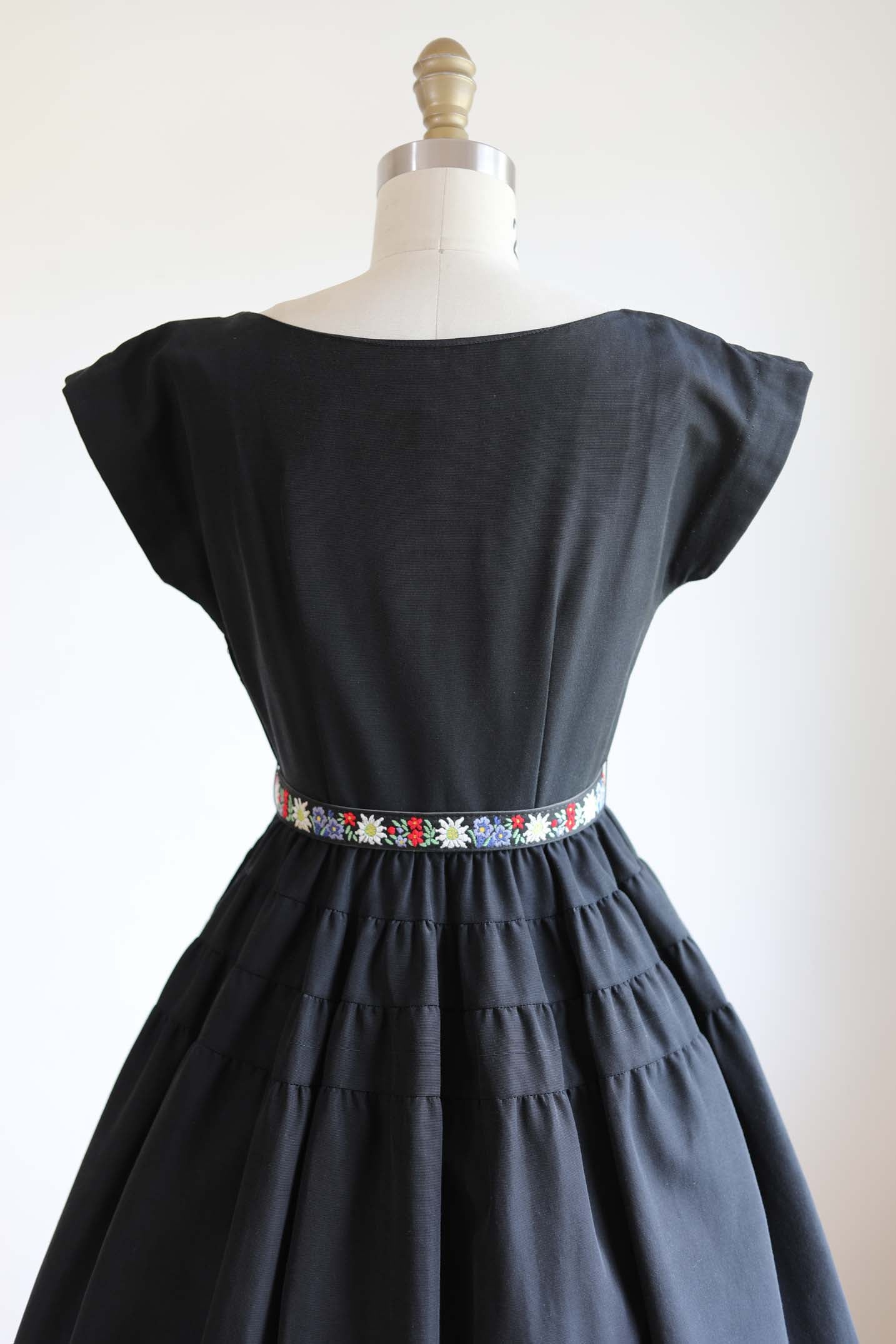 Vintage 1950s Shirtwaist Dress - LUCKY CLOVER Black Vicky Vaughn Party Dress w Gilt Embroidery + Rhinestones Size XS to S