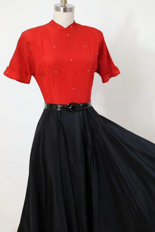 Vintage Late 1940s Dress - Lipstick Red + Black Seersucker Taffeta Swing Dress w Rhinestones Size S