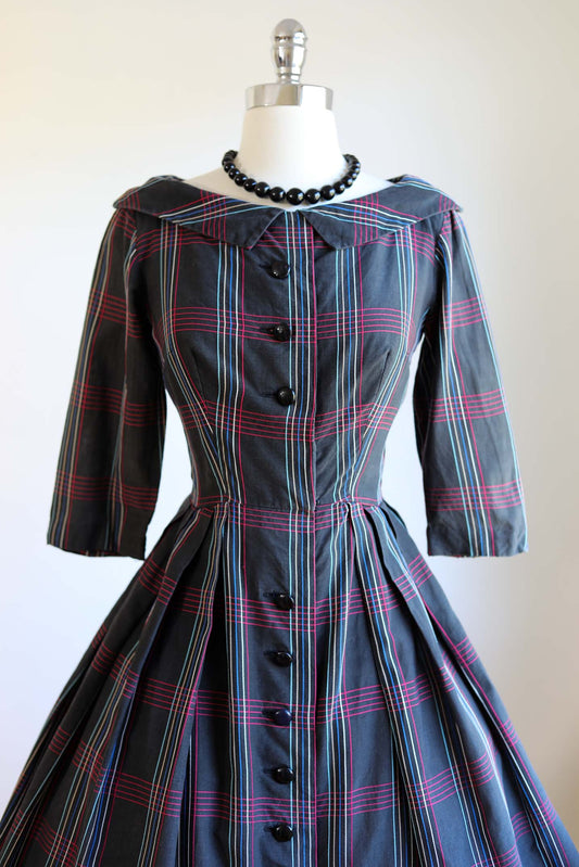 Vintage 1950s Suzy Perette Shirtwaist Dress - CHARCOAL RAINBOW Grid Designer Party Dress Size S