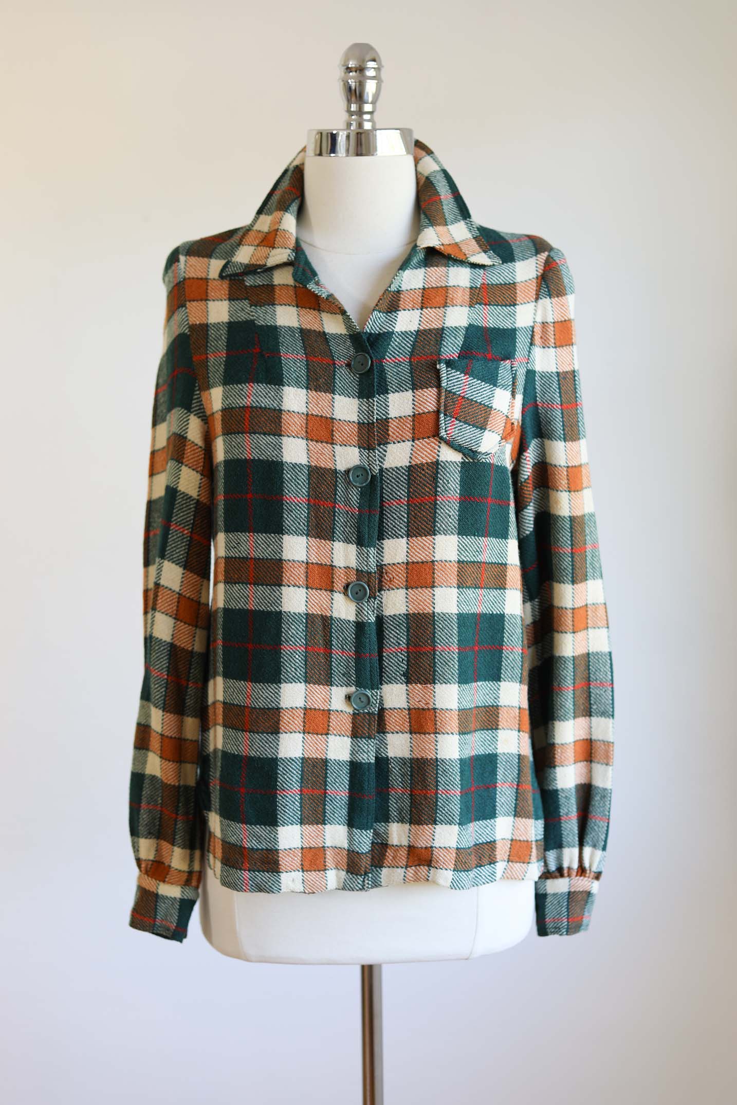 Vintage 1940s Wool Blouse - GORGEOUS Autumnal Pine Pumpkin Red Plaid w Pocket Sport Top Size S