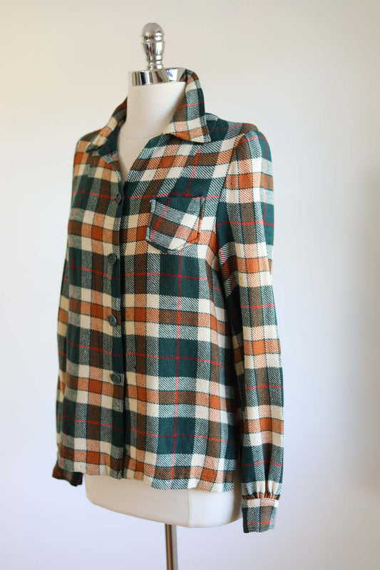 Vintage 1940s Wool Blouse - GORGEOUS Autumnal Pine Pumpkin Red Plaid w Pocket Sport Top Size S