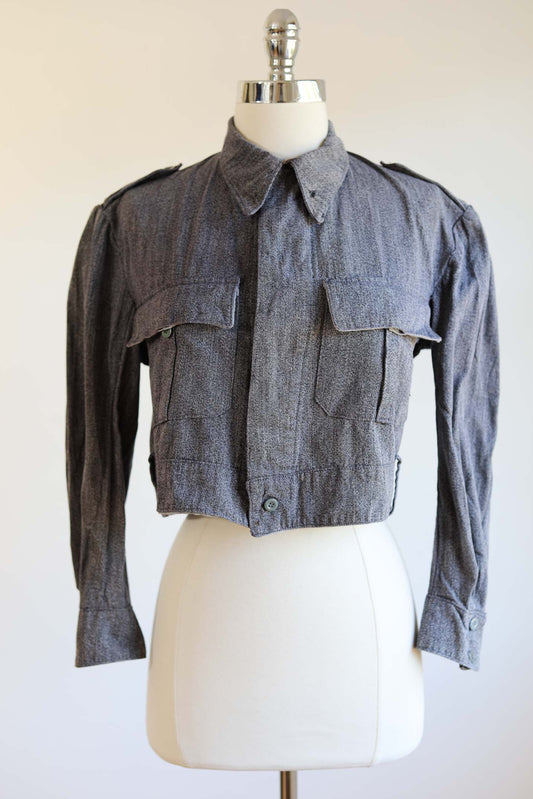 1950s Vintage Salt & Pepper Grey Cotton Denim Sporty Cropped Spanish Tiny Fit Jacket Size M