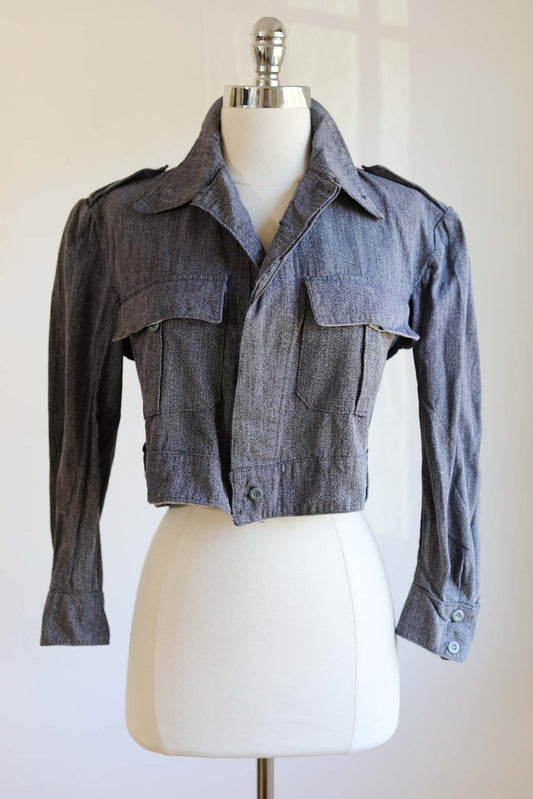 1950s Vintage Salt & Pepper Grey Cotton Denim Sporty Cropped Spanish Tiny Fit Jacket Size M