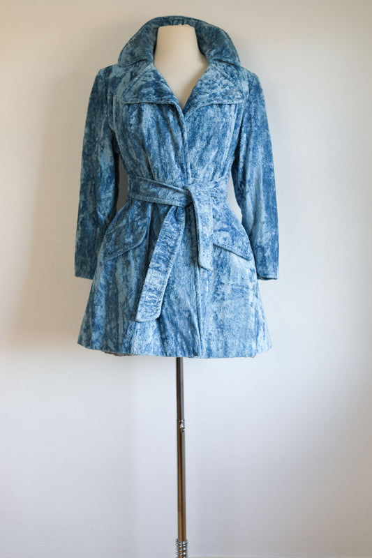 Vintage 1960s to 1970s Velvet Coat - Super Fly Icy Blue Princess Coat w Cinched Waist Size S to M