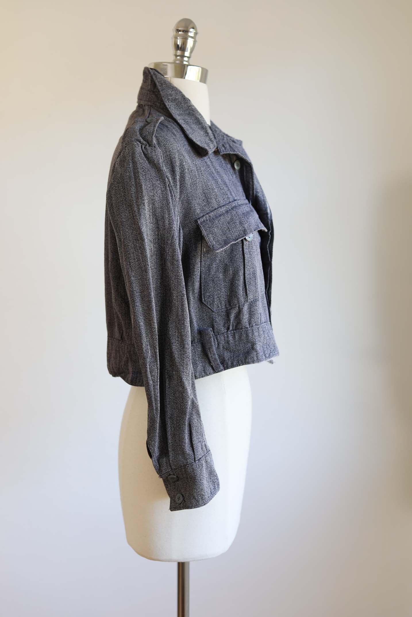 1950s Vintage Salt & Pepper Grey Cotton Denim Sporty Cropped Spanish Tiny Fit Jacket Size M