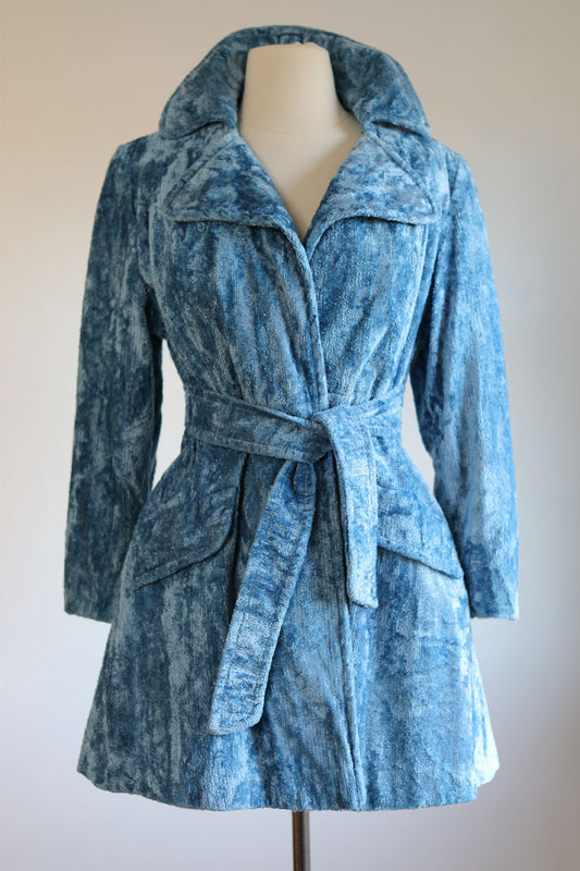 Vintage 1960s to 1970s Velvet Coat - Super Fly Icy Blue Princess Coat w Cinched Waist Size S to M