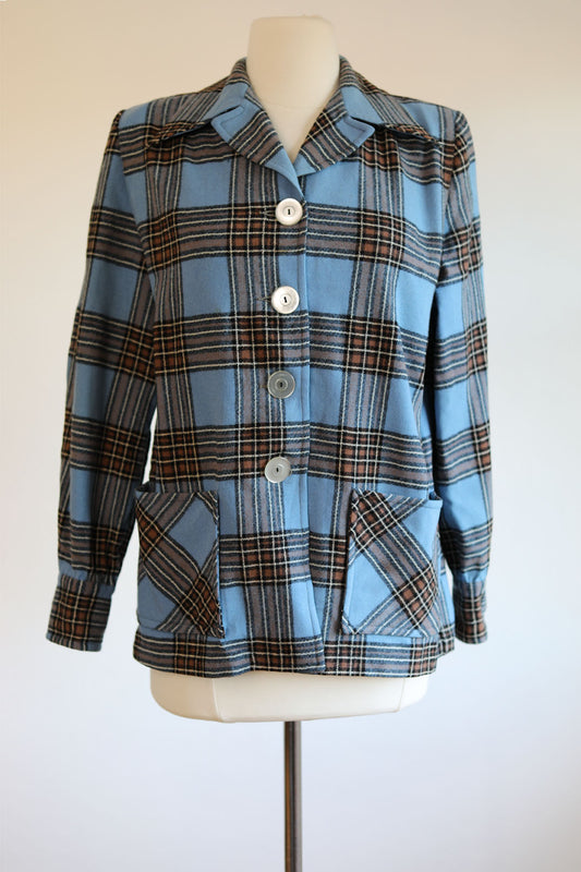 Vintage 1950s Pendleton 49er Jacket - Black + Delphite Blue Plaid Wool Chore Shirt-Jac Size M to L