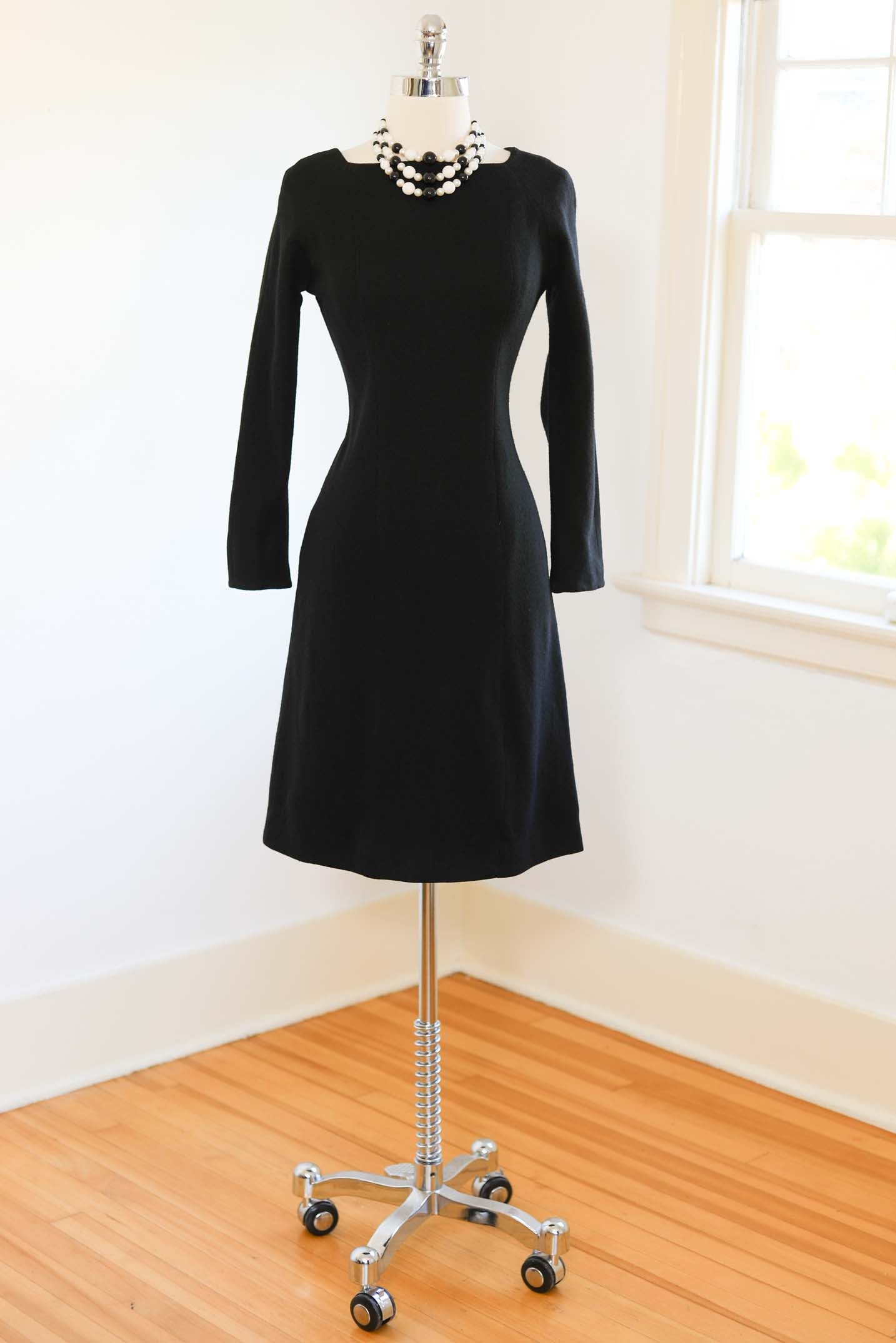 Vintage 1960s AVANT GARDE Knit Dress - MONASTIC Black Wool Princess Seam Knitwear 2-Piece Dress w Huge Buttons Size S to M