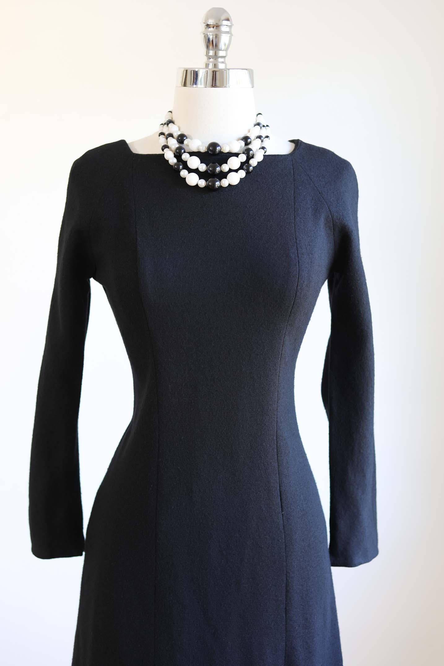 Vintage 1960s AVANT GARDE Knit Dress - MONASTIC Black Wool Princess Seam Knitwear 2-Piece Dress w Huge Buttons Size S to M