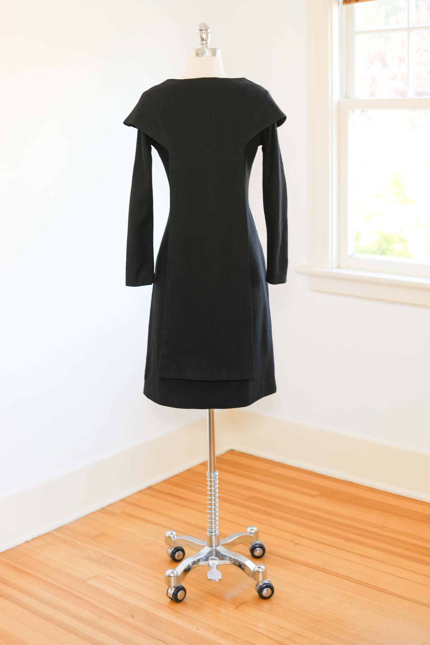 Vintage 1960s AVANT GARDE Knit Dress - MONASTIC Black Wool Princess Seam Knitwear 2-Piece Dress w Huge Buttons Size S to M