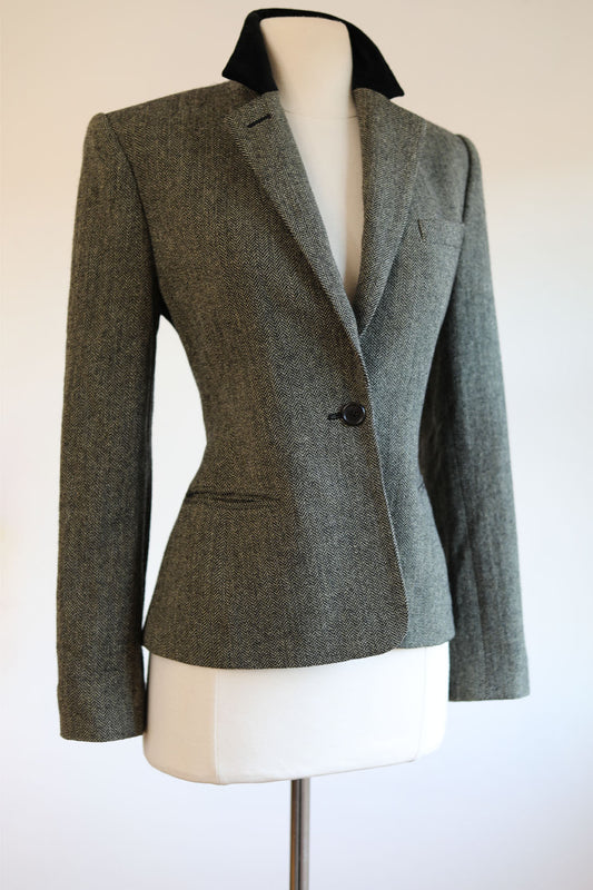 Vintage Y2K Ralph Lauren Blazer - Black + White Wool Tweed Velvet Sculpted Jacket Size S