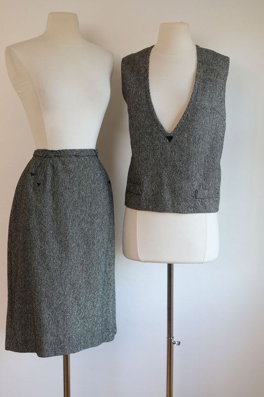 Vintage 1950s Blouse + Skirt Set - Black White Tweed Wool Boxy Top/Vest + Smokin' Hot Wiggle Skirt Suit Size M to L