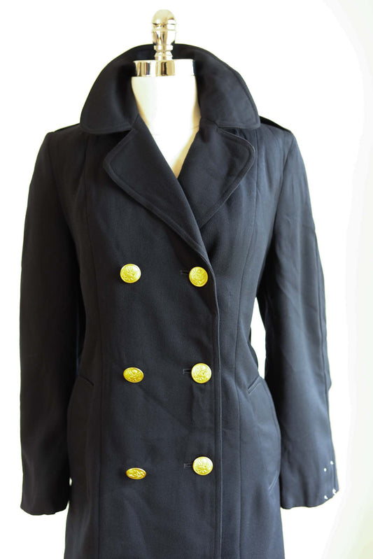 Vintage US Navy Women's Overcoat - SHARP Uniform Trench Coat of Navy Wool w Gold Buttons Size M