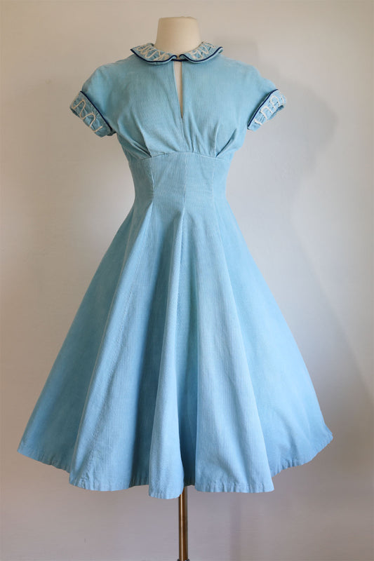 Vintage 1950s Dress - Sporty Frosty Blue Corduroy Cotton Dress w Angora Trim Size XS to S